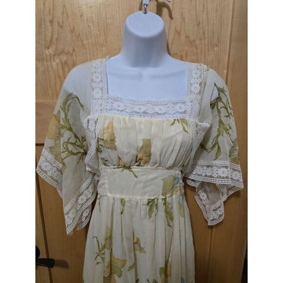 Vintage Floral Maxi Dress With Lace Flutter Sleeves & Belt boho hippie fairycore - Picture 3 of 8